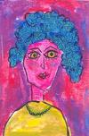 funky colorful art, whimsical woman wearing pearl necklace