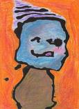 snowman, cheerful creature, purple cap, tongue sticking out, happy child, abstract art