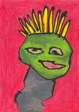 lagoon creature, reptile, cartoon character, leaping lizard, frog man, french fry hair, mischevious, conniving