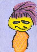 purple haired girl, yellow faced lady, orange clothes, pineapple, 