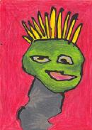 lagoon creature, reptile, cartoon character, leaping lizard, frog man, french fry hair, mischevious, conniving