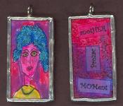 crazy pissed off woman, angry, big bright staring eyes, pink faced lady, rustic handmade soldered necklace, funky jewelry