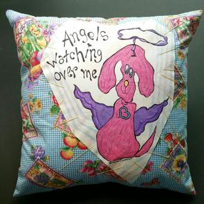 seed packets, fruit fabric, red dog, angel wings, halo, blue plaid fabric, home furnishings, decorative pillow