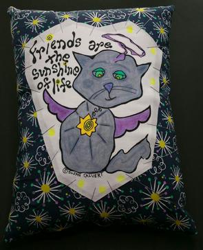 cat angel, designer art pillows, home decor accents, retro flower star fabric, gray grey kitty