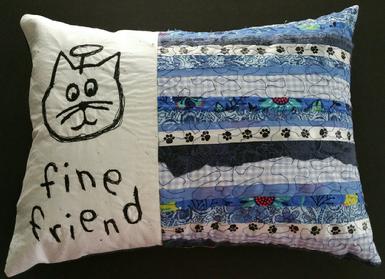 cat angel, blue quilted pillow, paw prints ribbon, handmade art, free motion sewing