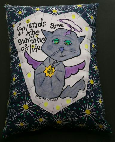 cat angel, designer art pillows, home decor accents, retro flower star fabric, gray grey kitty