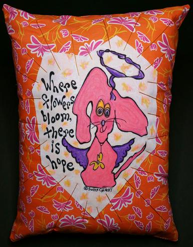 Home accent throw pillow, custom designer pillow, handmade dog art gifts, pink doggie, yellow flowers, orange floral fabric